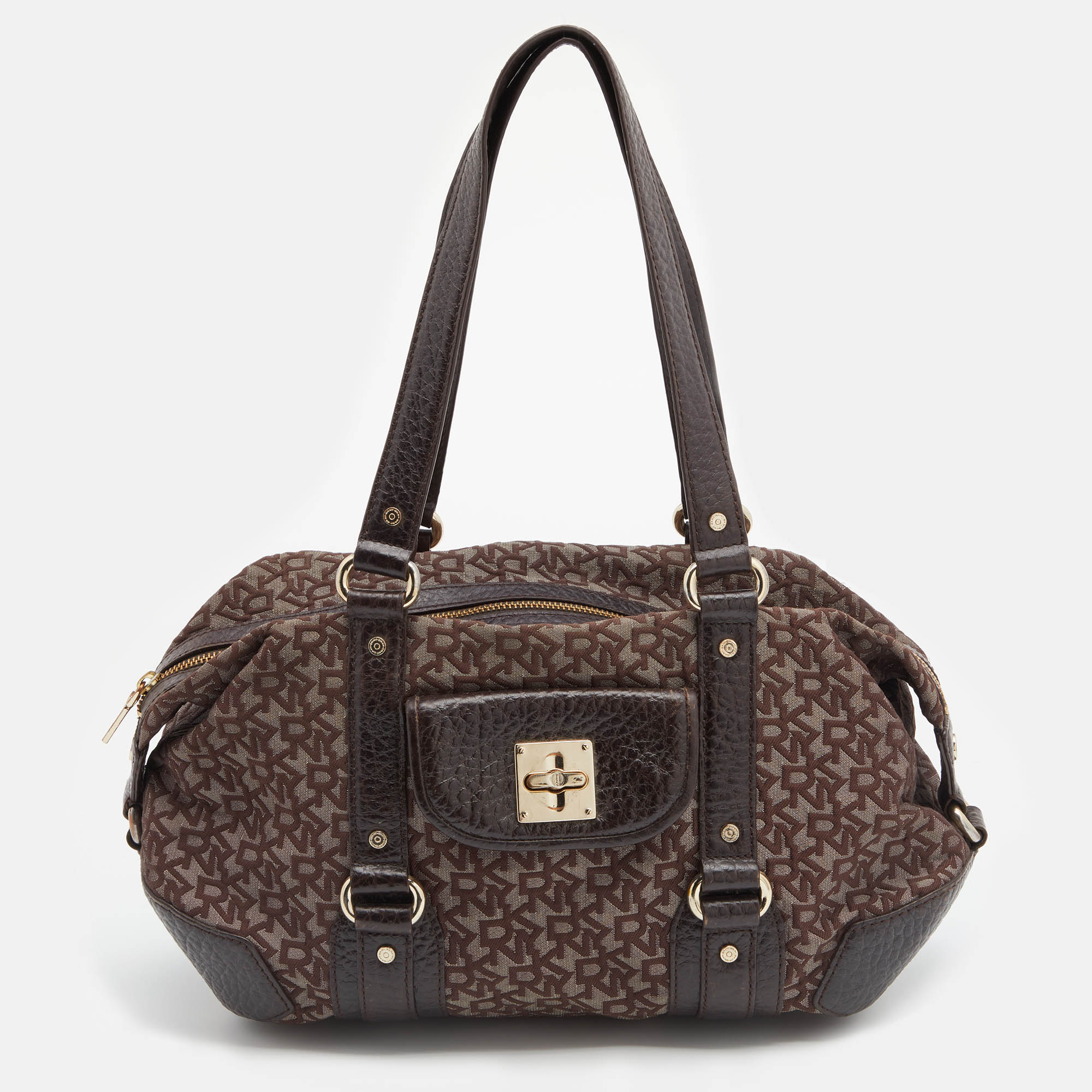 Dkny Dark Brown Monogram Canvas And Leather Satchel